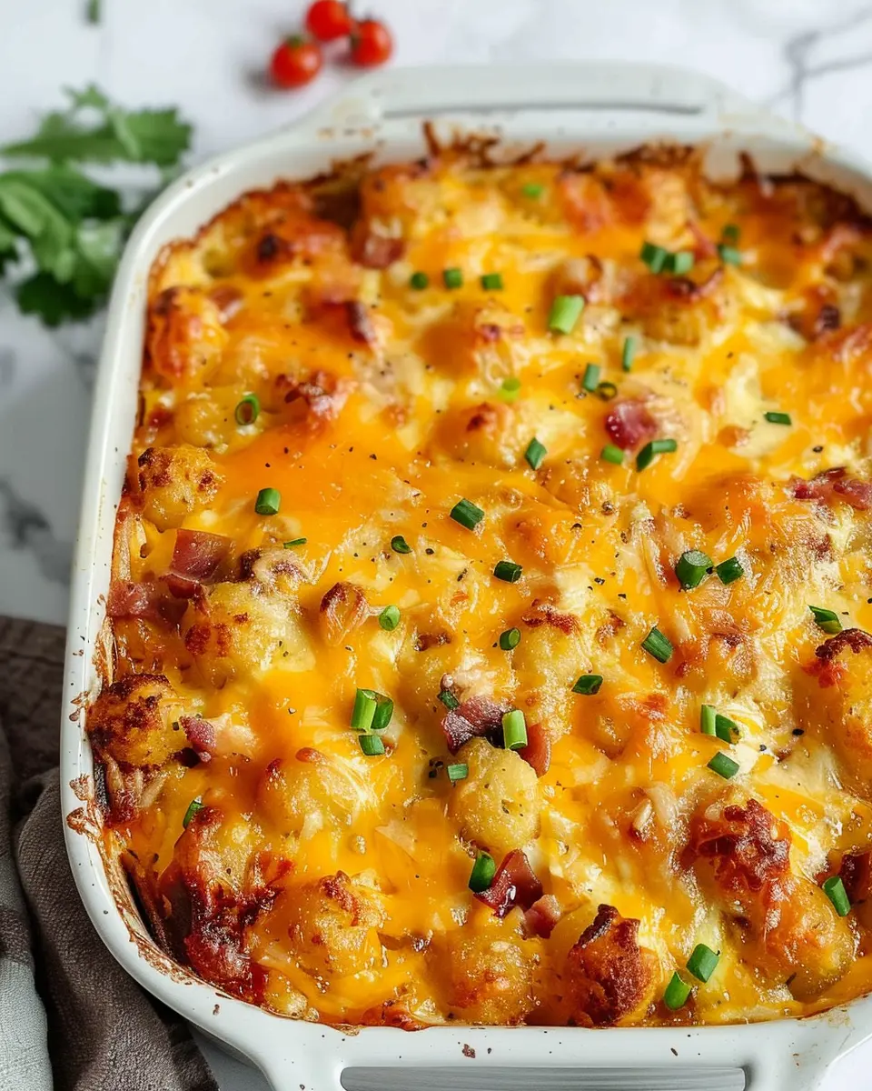 Tater Tot Breakfast Casserole with Turkey Bacon and Chicken Ham