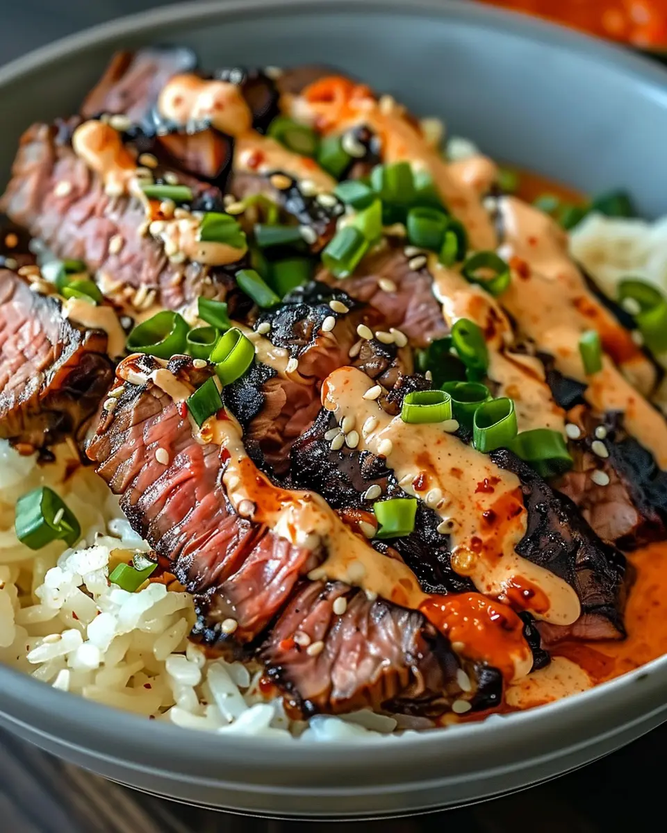 Korean BBQ Steak Rice Bowls with Spicy Cream Sauce: Easy & Delicious